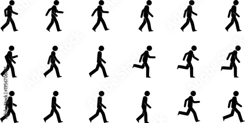 black silhouettes of people walking in profile on a white background Keywords: people, silhouette, walking, movement
