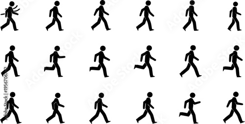 black silhouettes of people walking in profile on a white background Keywords: people, silhouette, walking, movement
