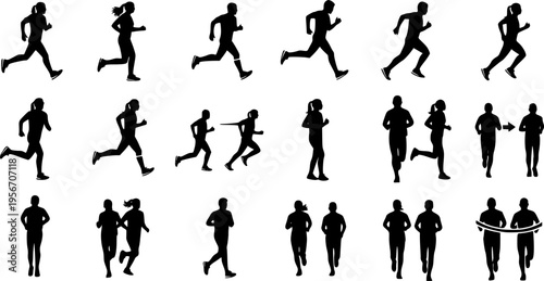 Silhouettes of Men and Women Running in Various Poses on White Background Keywords: silhouette, running, runner, athlete, sport
