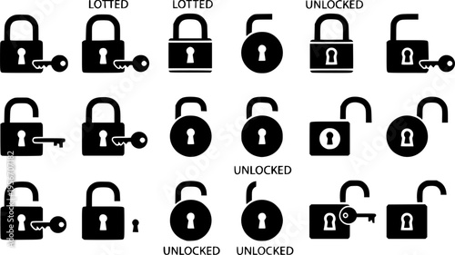Lock icon collection. Locked and unlocked black line icon set. Flat security symbol. Vector illustration.
