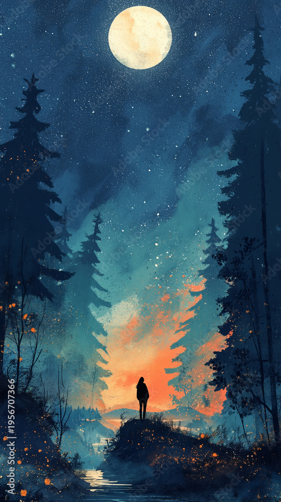 Fototapeta premium 自然と光が織りなす幻想的な風景を描いたスピリチュアルイラスト、神秘的な空間と癒しの雰囲気を表現、瞑想やヒーリングに最適なビジュアル、背景素材や動画にも使える静寂と神聖さを感じるデザイン