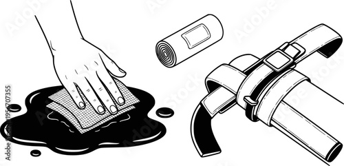 Bleeding control elements: blood, gauze, pressure, bandage, tourniquet
