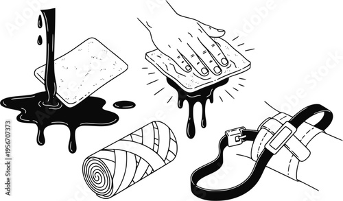 Bleeding control elements: blood, gauze, pressure, bandage, tourniquet
