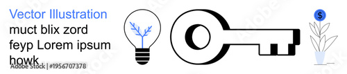 Innovation, security, finance, ideas, solutions, success concept. ion of a light bulb, key and a money plant. Innovation and security ideas for modern progress and financial growth