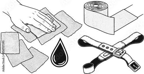 Bleeding control elements: blood, gauze, pressure, bandage, tourniquet
