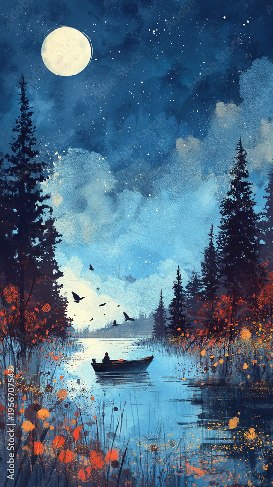 Fototapeta premium 幻想的な光と自然が調和するスピリチュアルな世界観を描いたイラスト、心を癒す穏やかな雰囲気と神秘性を感じさせる表現、瞑想や精神的癒しに適した素材