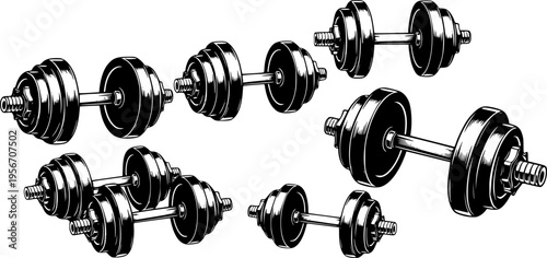 Set of dumbbells and barbells for the gym. Black icon for fitness and sports center. Barbell and dumbbells logo design. Vector illustration, EPS10.
