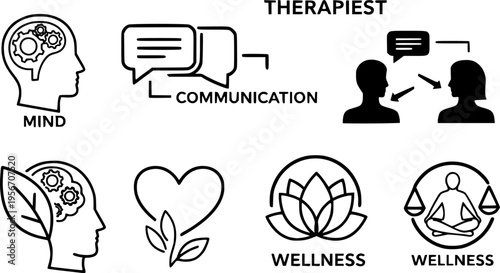 Therapist symbols: mind, communication, and wellness icons for mental health
