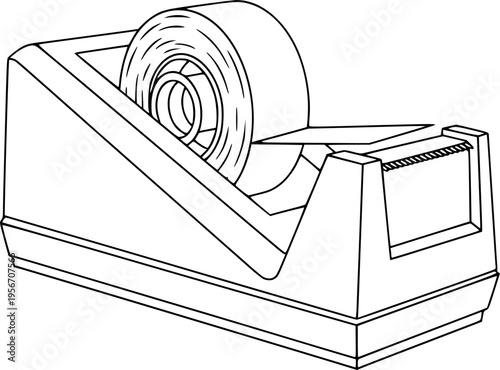 Outline drawing of desktop tape dispenser with tape roll in holder

