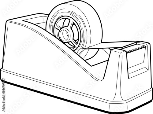 Outline drawing of desktop tape dispenser with tape roll in holder
