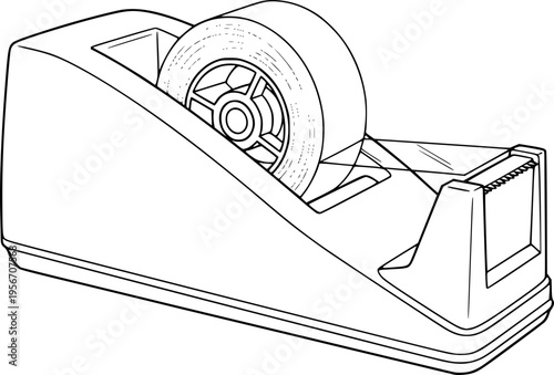 Outline drawing of desktop tape dispenser with tape roll in holder
