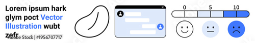 Customer satisfaction, performance evaluation, user feedback, data metrics, online surveys, emotional analysis. Elements include rating scale, interface and varying emotive faces. Customer