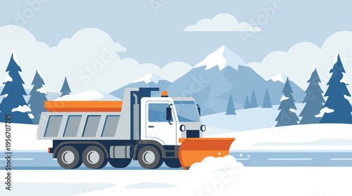 White snow plow truck vector driving on a snowy mountain road. Winter landscape background with pine trees and clouds. Flat style illustration of heavy road maintenance vehicle