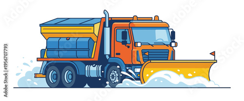 Isolated orange and blue snow plow truck vector illustration clearing heavy snow. Winter road maintenance heavy equipment vehicle with salt spreader on white background