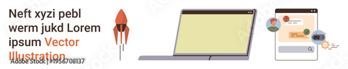 Startup innovation, technology designs, communication tools, online conversations, futuristic ideas, digital interface. Rocket, laptop and chat window design. Startup innovation and technology