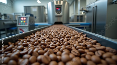 Industrial coffee processing plant with aromatic roasted beans on transport belt