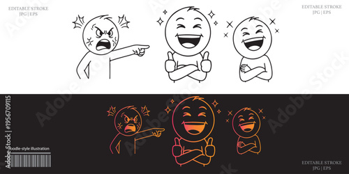 Cute Cartoon Angry Laughing Happy Emotional Poses Illustration Character Set