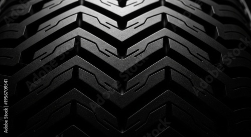 Dramatic close-up of a directional V-shaped tire tread pattern. Strong lighting highlights the grooves and texture of the black rubber.