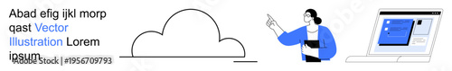 Cloud computing, online collaboration, remote work, technology integration, workflow enhancement, digital solutions. Person gesturing toward a laptop with cloud. Cloud computing and online