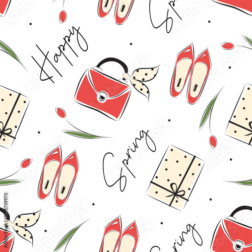 Vector seamless sketch drawing with red tulips, handbag, gifts and text. Flat style. Specially designed for wrapping paper, postcards and packaging.