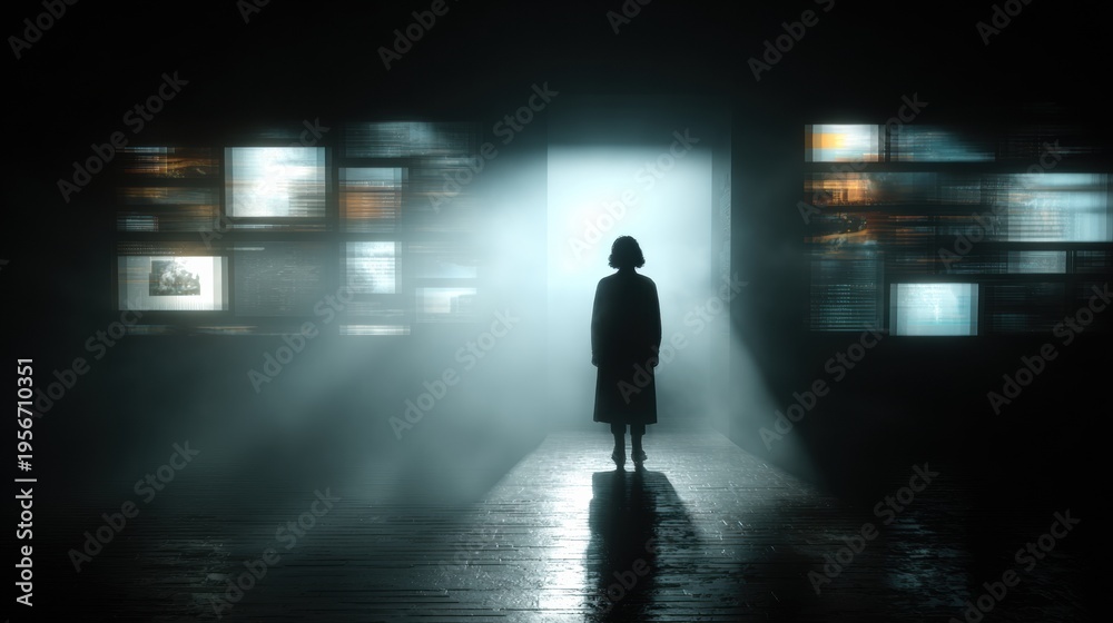 Fototapeta premium Exploring Anonymous Access to Knowledge With Silhouette Against Floating Data Panels in a Dark Space