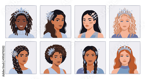 Vector set of diverse women avatars with different hairstyles decorated with crystal crowns and hair combs. Flat illustration for beauty apps, hair salons, and fashion jewelry branding
