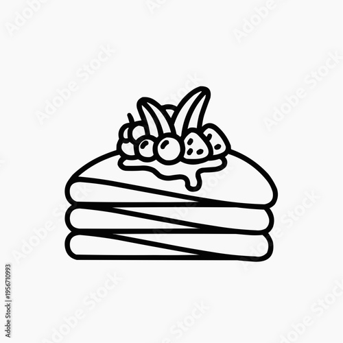 Crepes stacked with fruit and syrup on a white background  