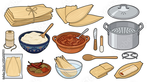 Mexican tamale making process vector set featuring masa dough, meat filling, corn husks, steamer pot, twine, cooking utensils, and spices isolated on a white background.