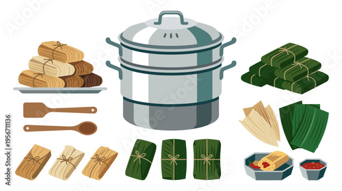 Tamale cooking and serving vector flat set featuring corn husks, banana leaves, steamer pot, tied bundles, open dish with filling, and sauces. Multiple styles of tamales vector.