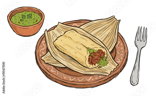 Mexican tamale dish vector illustration with shredded beef filling, corn husks, green salsa verde, and fork on terracotta plate. Traditional tamales meal vector isolated.