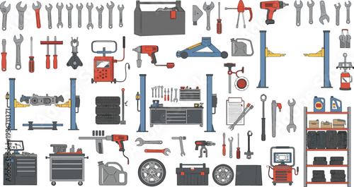 Auto Repair Workshop Tools and Equipment Set with Wrenches Jack Lift Toolbox Car Parts and Garage Elements Flat Vector Illustration