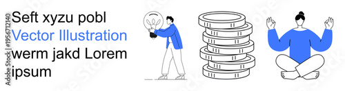 Business strategy, personal development, financial management, innovation, mindfulness, productivity. A person with a light bulb, stacked coins a meditating figure. Innovation and mindfulness