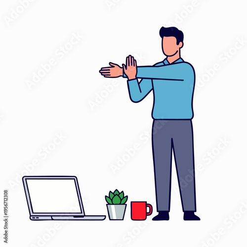 Professional man stretching arms next to laptop, taking a mindful break from work, promoting workplace wellness, remote office health, and productivity.