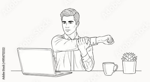 Man stretching arm at office desk, line art illustration. Employee performing ergonomic exercises to relieve tension during work, promoting health and wellness.