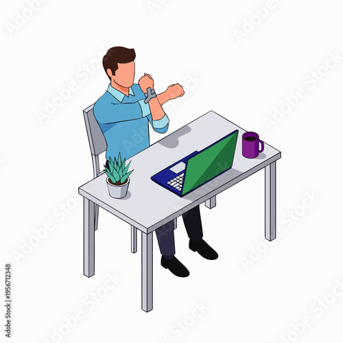 Young man stretching arms at office desk with laptop and plant, promoting healthy work habits, ergonomics, and stress relief during work breaks.
