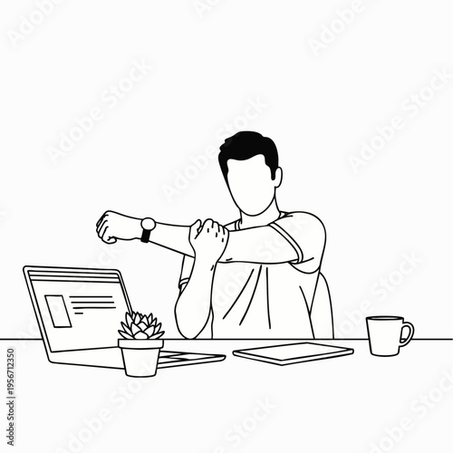 Man stretching arm at a minimalist office desk with laptop, plant, and coffee, taking a work break for ergonomic health and wellness. Line art.