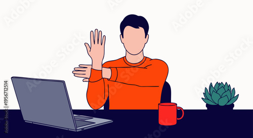 Man stretching arm at desk with laptop, mug and plant, promoting office wellness and healthy work habits