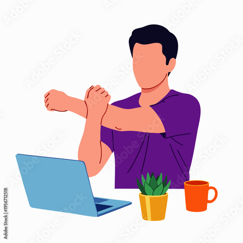 Man stretching arms at desk with laptop, coffee and plant, symbolizing well-being and office ergonomics