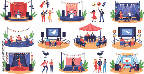 Entertainment Event Vector Set Featuring Live Music Concert Stage Cinema Screening Performance Theater Dance Party And People Socializing For Festival Celebration Culture Background