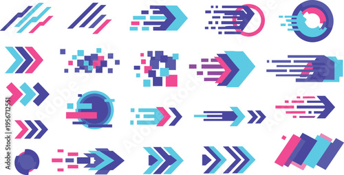 Futuristic Arrow Motion Elements Set with Digital Speed Lines, Glitch Effects, Direction Indicators and Dynamic Tech Shapes Vector Illustration