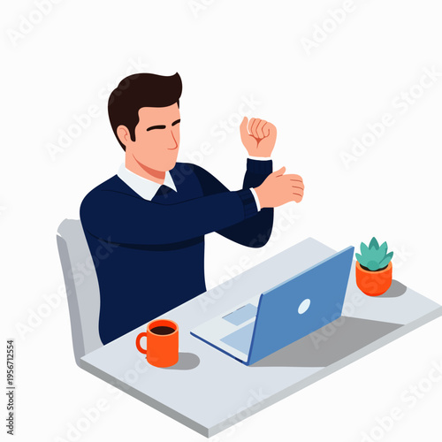 Man stretching at desk with laptop and coffee, office worker taking a break from work to relieve tension