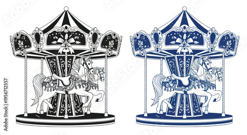 Vintage Carousel Horse Illustration Black and Blue - Amusement Park Ride