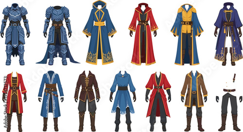 Fantasy Medieval Character Outfit Set with Warrior Armor, Mage Robes, Royal Costumes and Adventure Clothing Collection Flat Vector Illustration