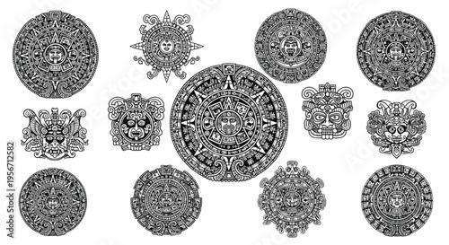 Ancient Mayan Calendar Glyphs and Symbols Collection - Black and White Line Art