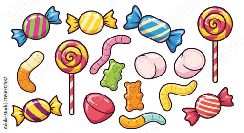 Assortment of Colorful Candies and Sweets - Lollipops, Gummy Worms, Marshmallows