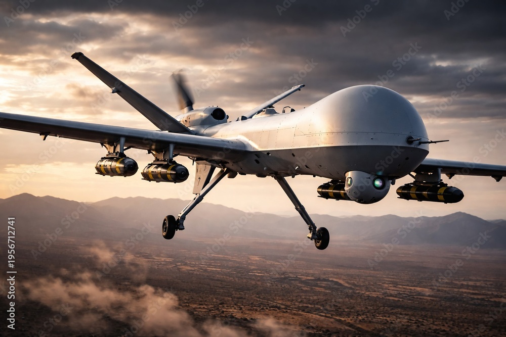 Obraz premium War drone flying in the night sky with a full moon, advanced military technology, aerial surveillance, defense, security, tactical operation, unmanned aircraft on a strategic mission