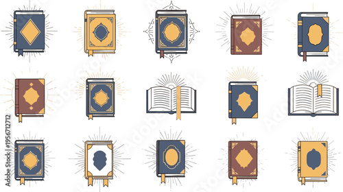 Holy Book Icon Set with Sacred Text Covers, Religious Symbols, Open Books and Spiritual Literature Elements Vector Illustration