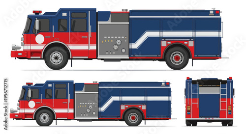 Modern Fire Truck Illustration - Side, Top, and Front Views