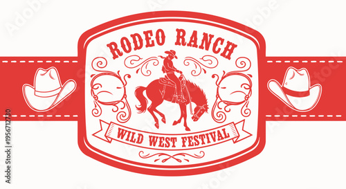 Rodeo Ranch Wild West Festival Emblem with Cowboy on Horse and Hats