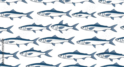 Seamless Pattern of Blue Herring Fish Illustration on White Background